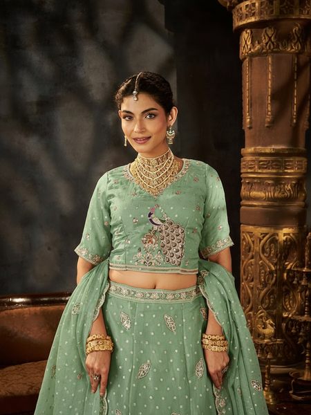 Mint Green Ethnic Moss Butti Embroidered Lehenga