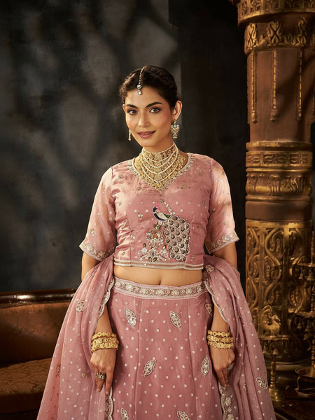 Onion Pink Wedding Wear Moss Butti Lehenga Choli