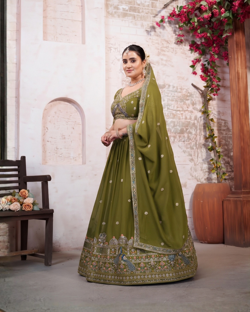 Olive Green Embroidered Silk Crush Lehenga Set