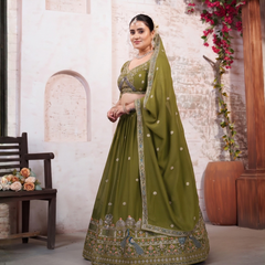 Olive Green Embroidered Silk Crush Lehenga Set