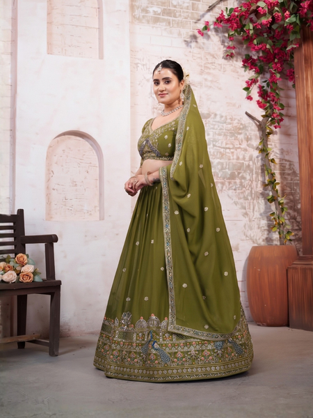 Olive Green Embroidered Silk Crush Lehenga Set
