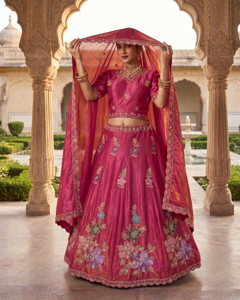 Pink Traditional Sindoor Satin Embroidered Lehenga Choli