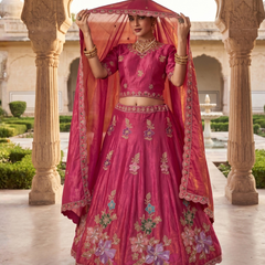 Pink Traditional Sindoor Satin Embroidered Lehenga Choli