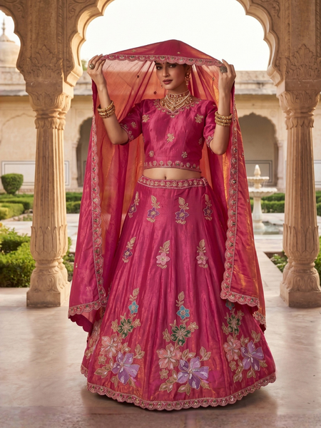 Pink Traditional Sindoor Satin Embroidered Lehenga Choli