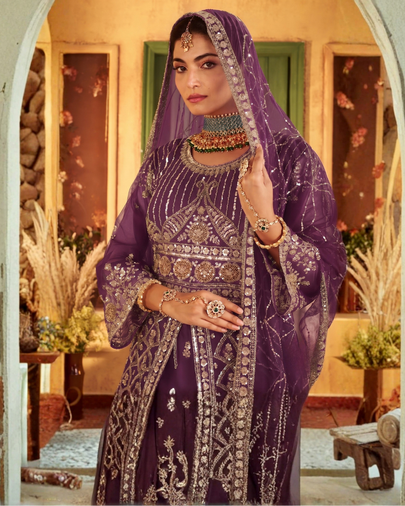 Wine Wedding Wear Sindoor Satin Embroidered Lehenga Set