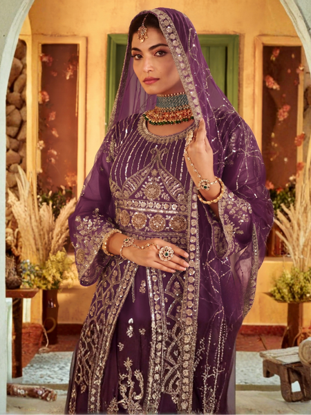 Wine Wedding Wear Sindoor Satin Embroidered Lehenga Set