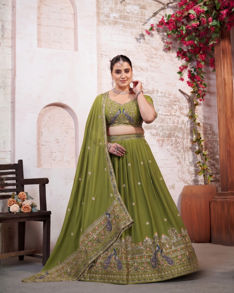 Olive Green Embroidered Silk Crush Lehenga Set