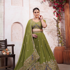 Olive Green Embroidered Silk Crush Lehenga Set