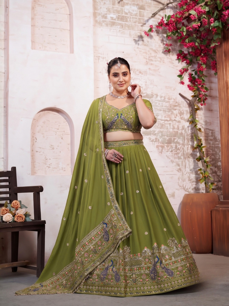 Olive Green Embroidered Silk Crush Lehenga Set