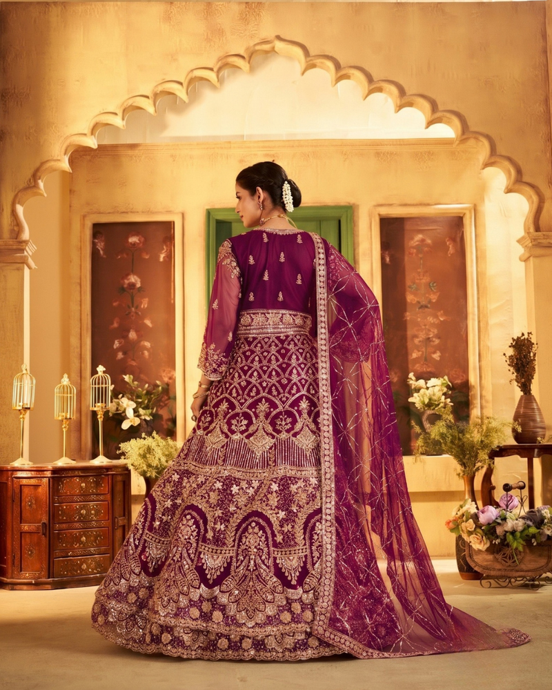 Wine Wedding Wear Sindoor Satin Embroidered Lehenga Set