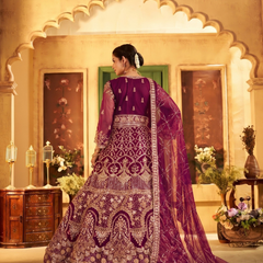 Wine Wedding Wear Sindoor Satin Embroidered Lehenga Set