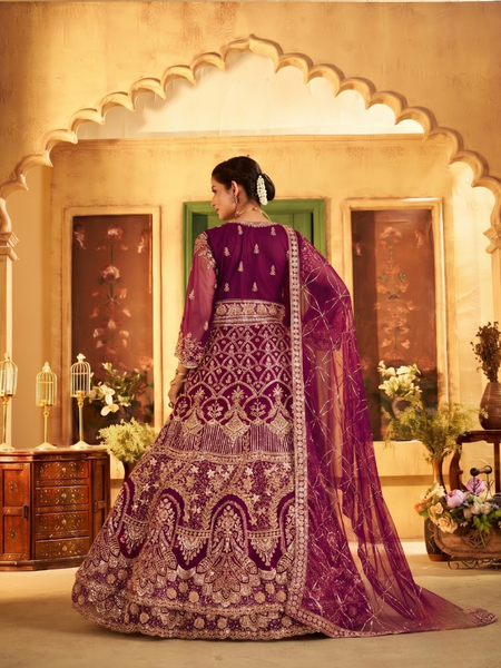 Wine Wedding Wear Sindoor Satin Embroidered Lehenga Set