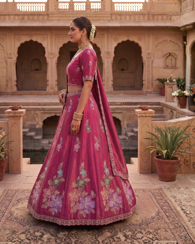 Pink Traditional Sindoor Satin Embroidered Lehenga Choli