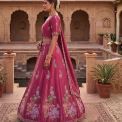 Pink Traditional Sindoor Satin Embroidered Lehenga Choli