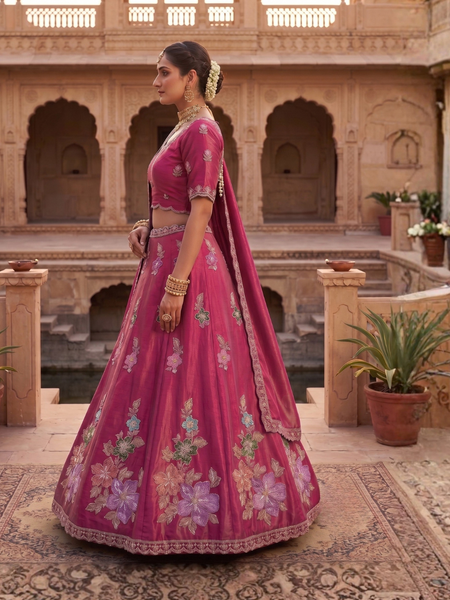 Pink Traditional Sindoor Satin Embroidered Lehenga Choli