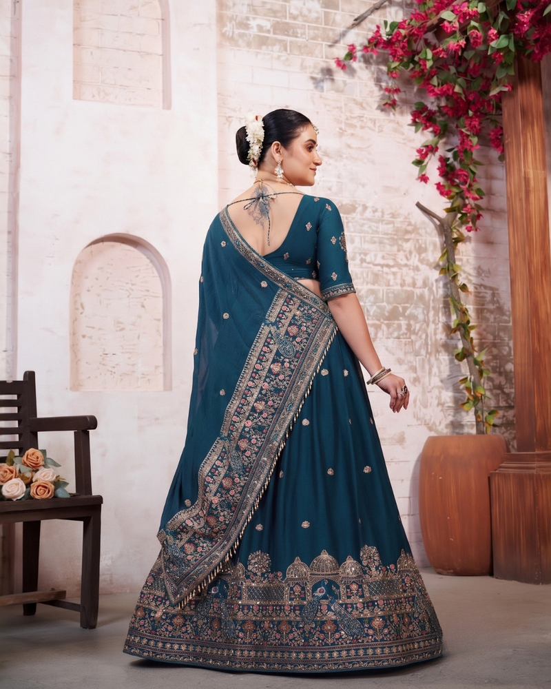 Teal Blue Wedding Silk Crush Lehenga Set
