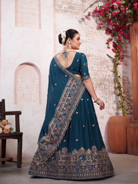 Teal Blue Wedding Silk Crush Lehenga Set