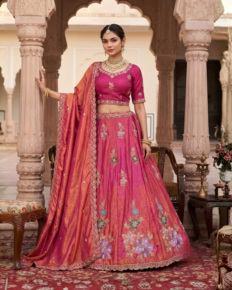 Pink Traditional Sindoor Satin Embroidered Lehenga Choli