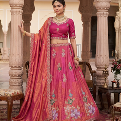 Pink Traditional Sindoor Satin Embroidered Lehenga Choli
