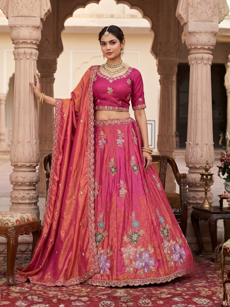 Pink Traditional Sindoor Satin Embroidered Lehenga Choli