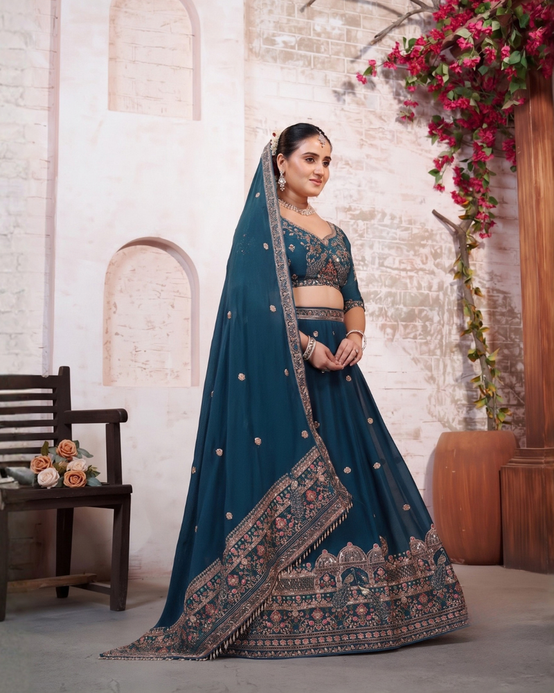 Teal Blue Wedding Silk Crush Lehenga Set
