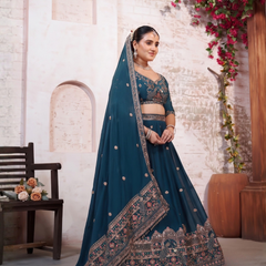 Teal Blue Wedding Silk Crush Lehenga Set