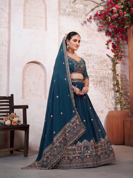Teal Blue Wedding Silk Crush Lehenga Set