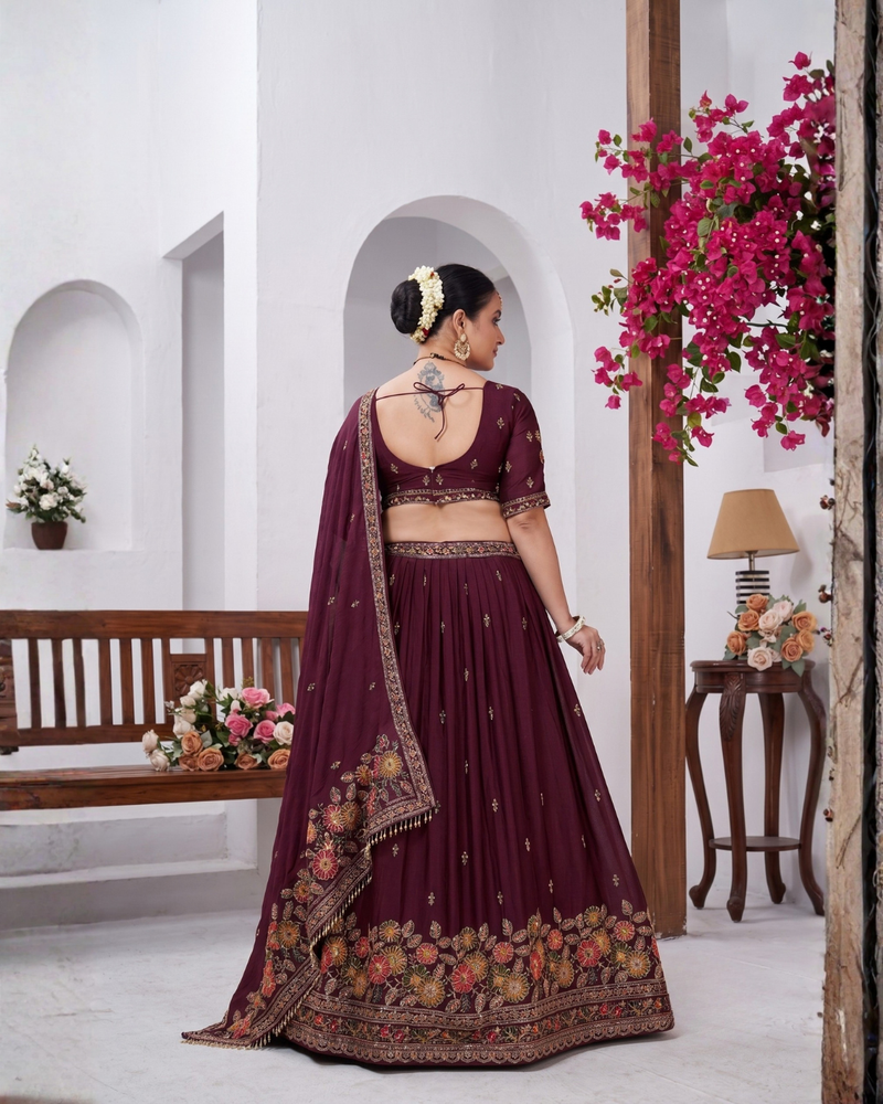 Wine Silk Crush Festive Embroidered Lehenga