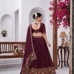 Wine Silk Crush Festive Embroidered Lehenga
