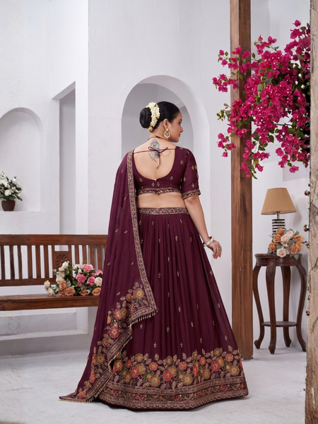 Wine Silk Crush Festive Embroidered Lehenga