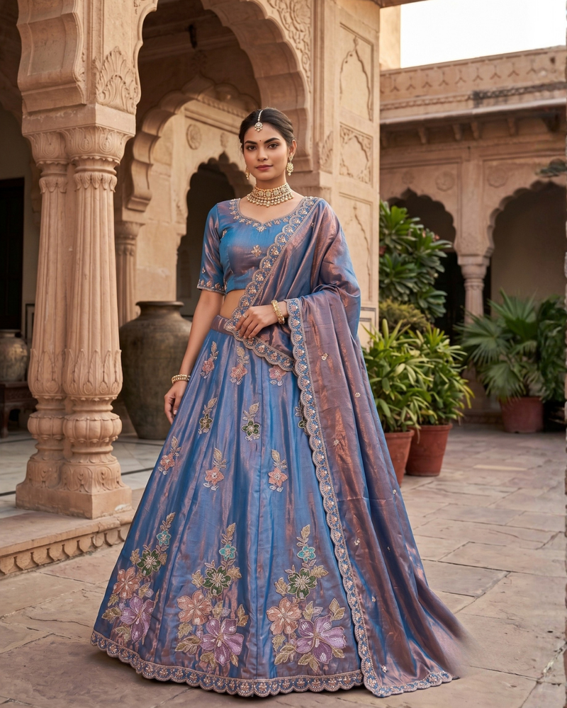 Blue Elegant Sindoor Satin Lehenga Choli for Festive Occasions