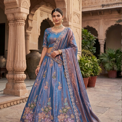 Blue Elegant Sindoor Satin Lehenga Choli for Festive Occasions