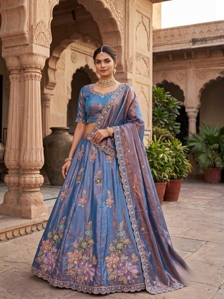 Blue Elegant Sindoor Satin Lehenga Choli for Festive Occasions