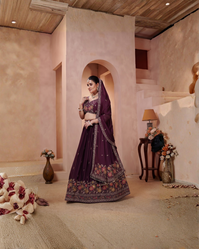Wine Silk Crush Festive Embroidered Lehenga