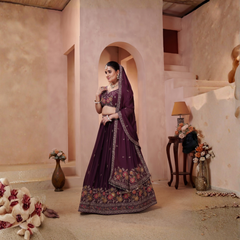 Wine Silk Crush Festive Embroidered Lehenga