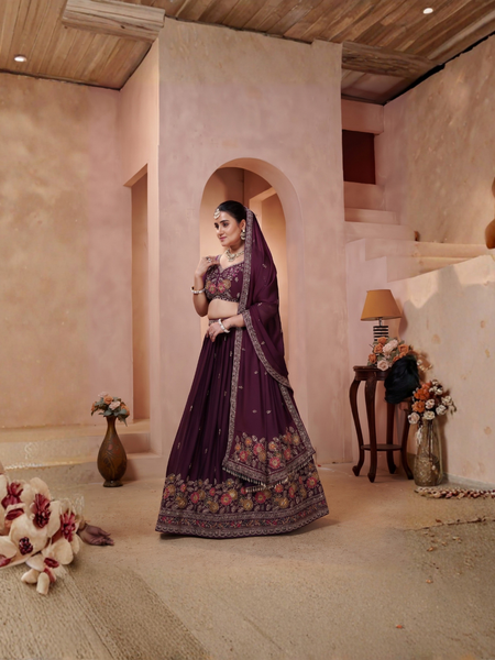 Wine Silk Crush Festive Embroidered Lehenga