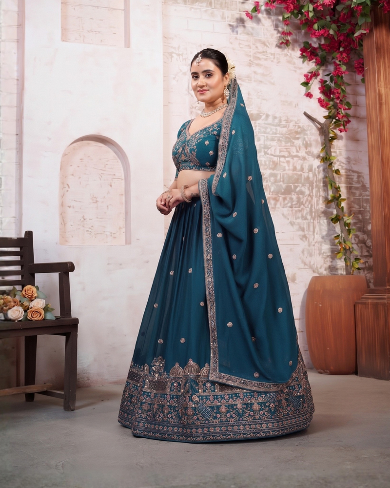Teal Blue Wedding Silk Crush Lehenga Set