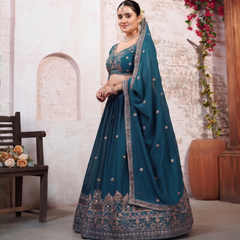 Teal Blue Wedding Silk Crush Lehenga Set