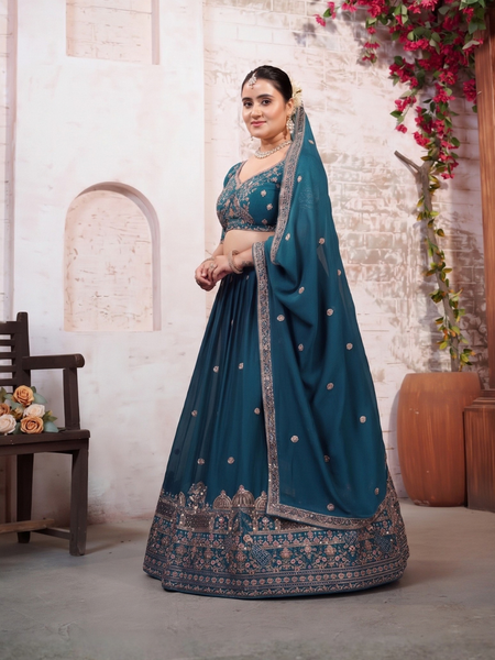Teal Blue Wedding Silk Crush Lehenga Set