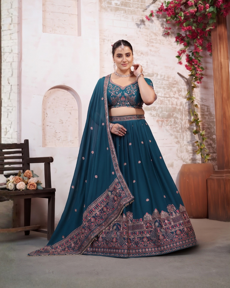 Teal Blue Wedding Silk Crush Lehenga Set