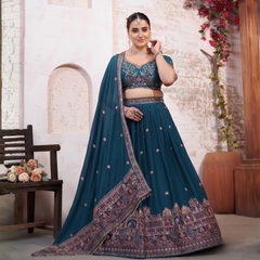 Teal Blue Wedding Silk Crush Lehenga Set