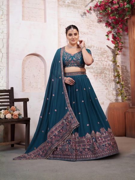 Teal Blue Wedding Silk Crush Lehenga Set