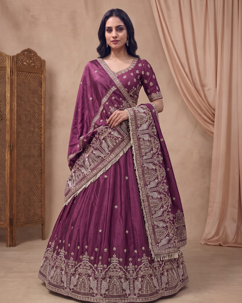 Wine Silk Wedding Lehenga Set with Embroidery