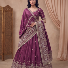 Wine Silk Wedding Lehenga Set with Embroidery