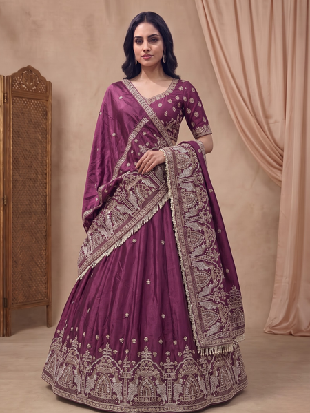 Wine Silk Wedding Lehenga Set with Embroidery