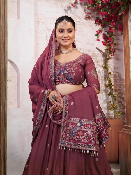 Earthy Mauve Silk Embroidered Occasion Lehenga