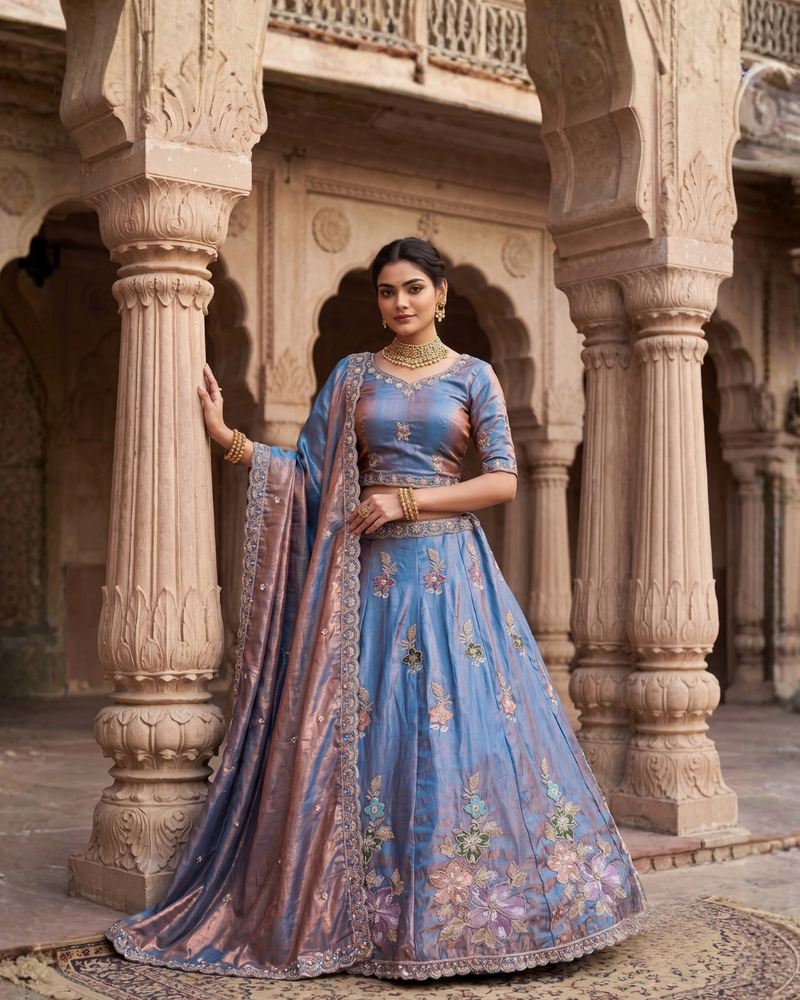 Blue Elegant Sindoor Satin Lehenga Choli for Festive Occasions