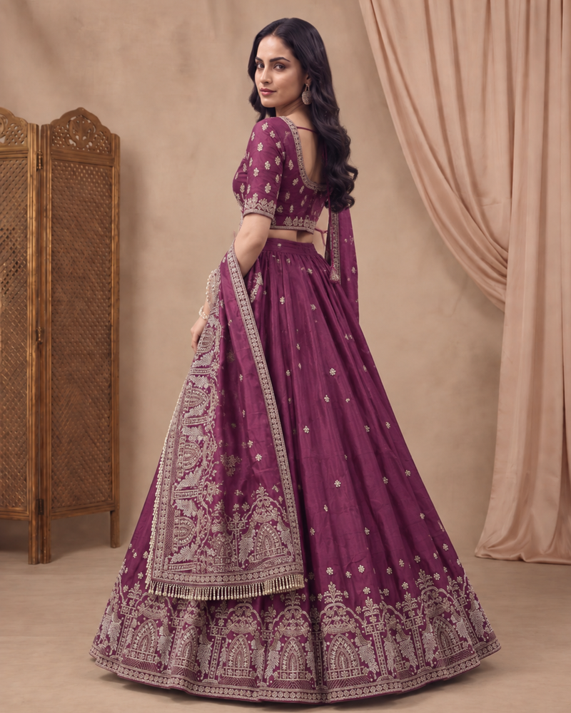 Wine Silk Wedding Lehenga Set with Embroidery