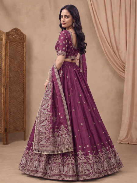 Wine Silk Wedding Lehenga Set with Embroidery