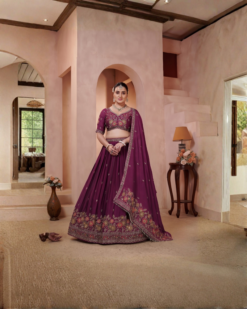 Wine Silk Crush Festive Embroidered Lehenga